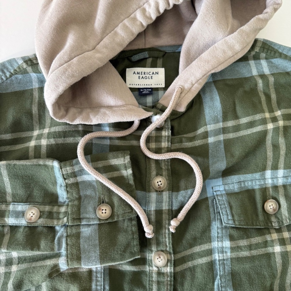American Eagle Hooded Flannel Shirt XL Olive Green Blue Plaid Shacket Hoodie